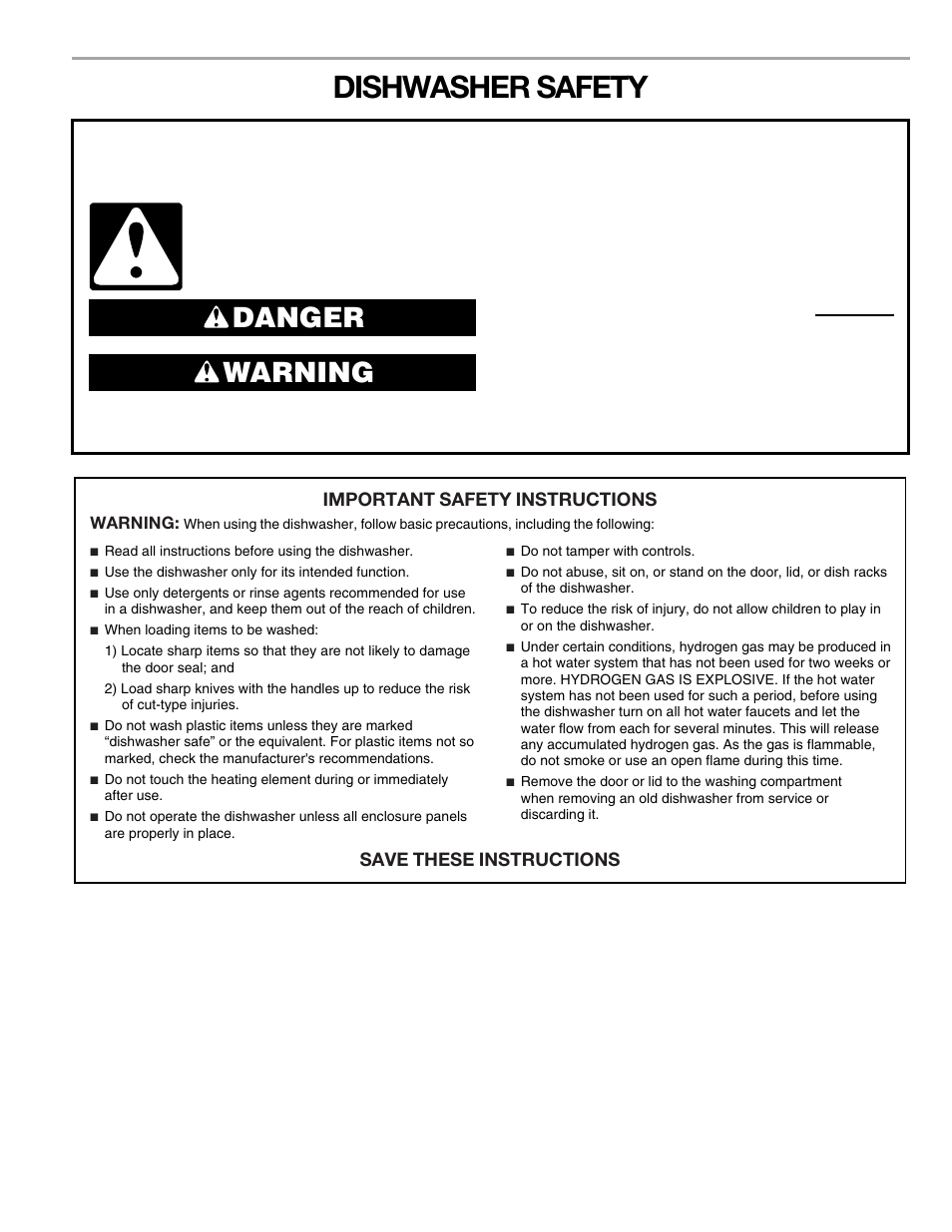 Dishwasher safety, Danger warning, Important safety instructions | Save these instructions | Kenmore 665.1376 User Manual | Page 4 / 23