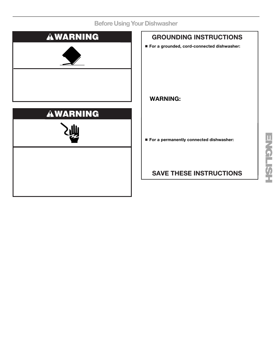 Warning, Before using your dishwasher, Grounding instructions save these instructions | Kenmore 665.1376 User Manual | Page 5 / 23