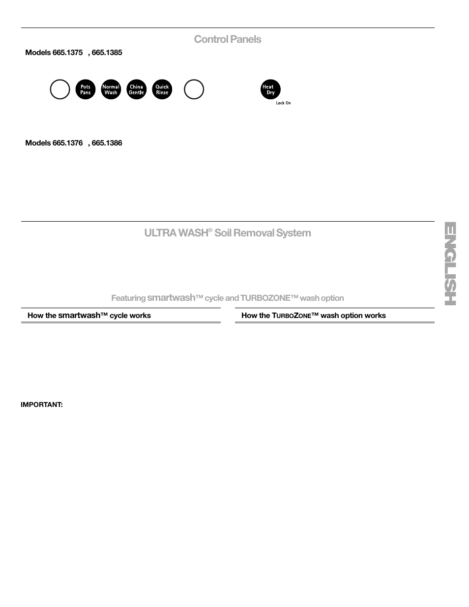 Control panels, Ultra wash, Soil removal system | Smartwash | Kenmore 665.1376 User Manual | Page 7 / 23