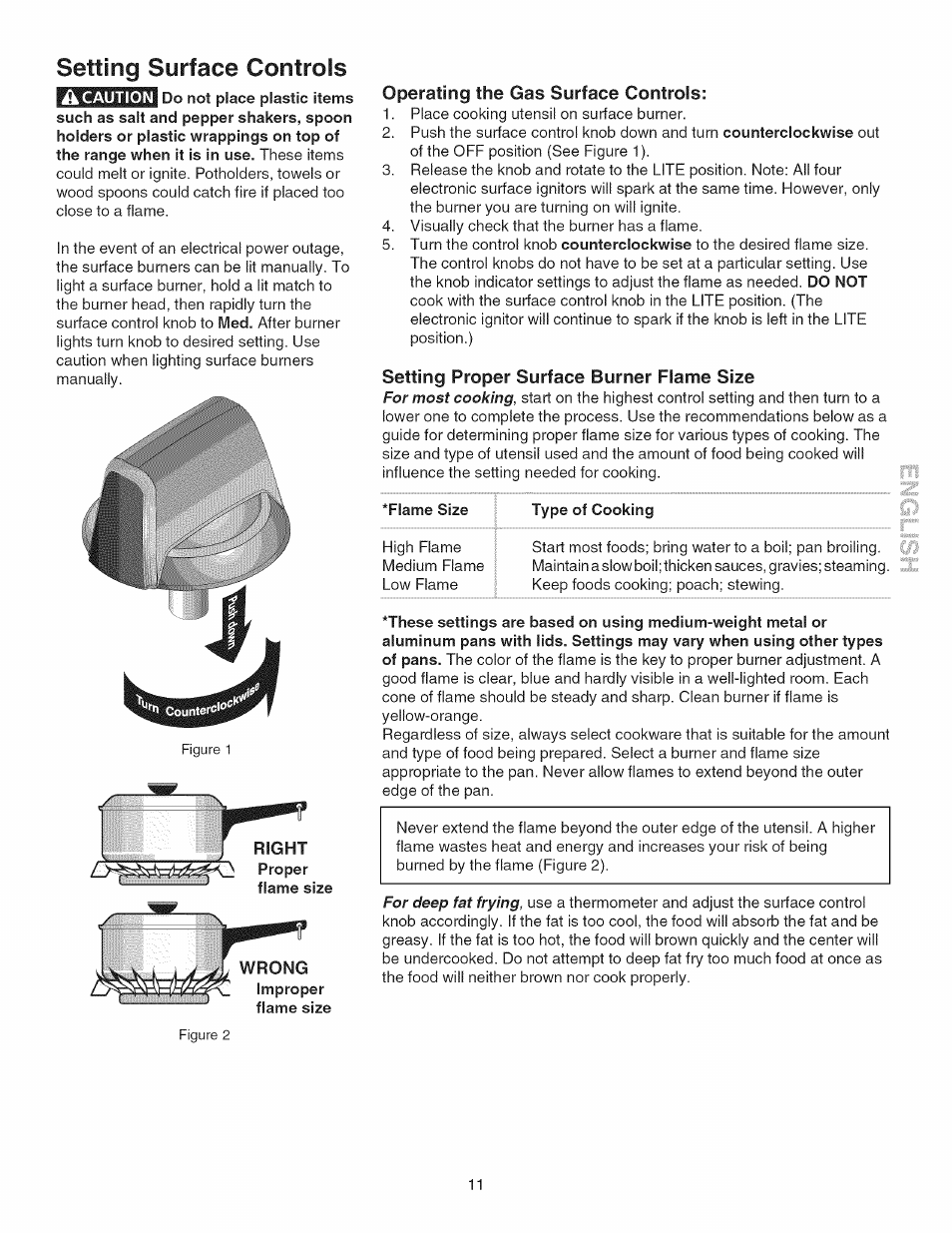 Operating the gas surface controls, Setting proper surface burner flame size, Type of cooking | Setting surface controls | Kenmore GAS A GE-SLIDE IN MODEL 790.3104 User Manual | Page 11 / 48