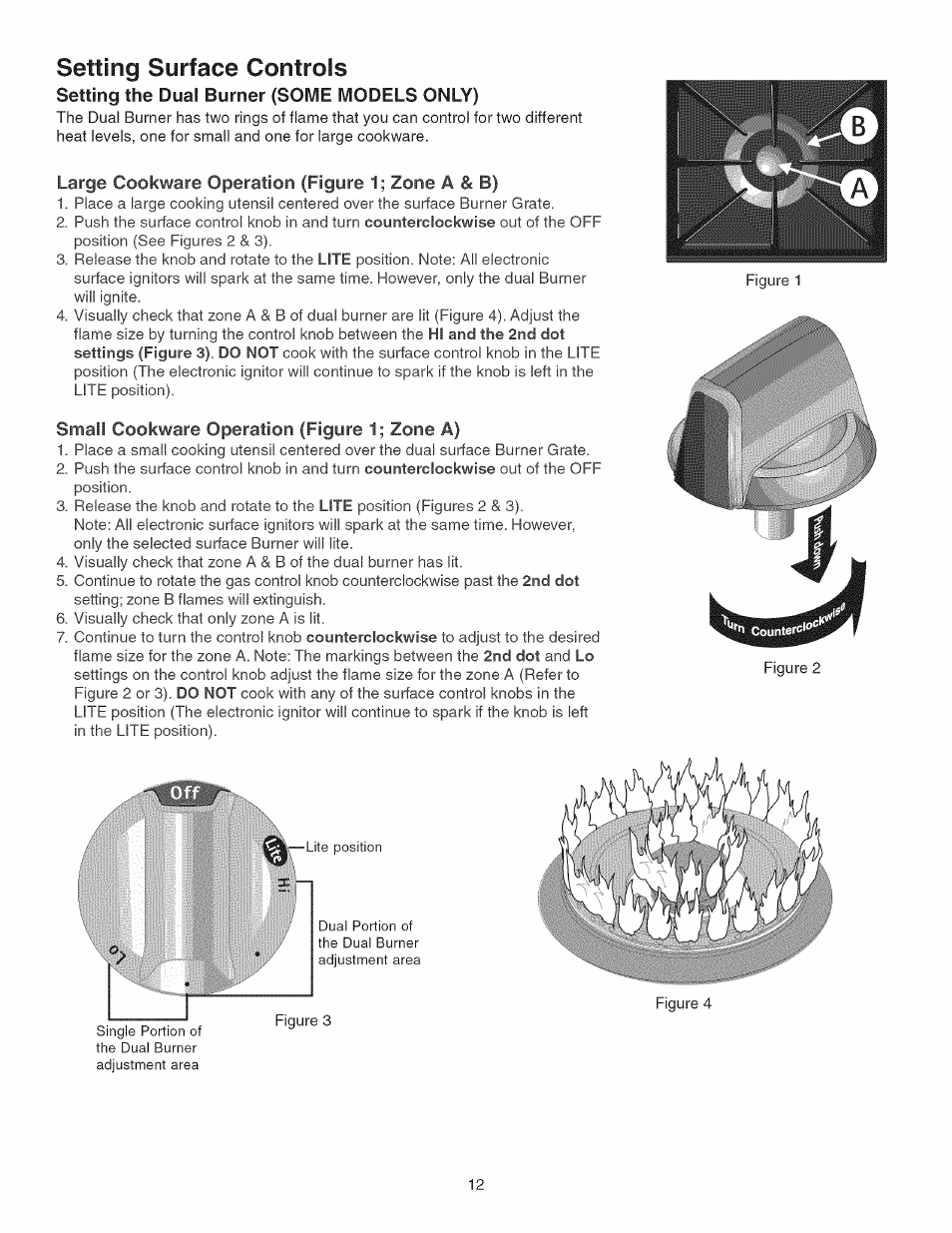 Large cookware operation (figure 1; zone a & b), Small cookware operation (figure 1; zone a), Setting surface controls | Kenmore GAS A GE-SLIDE IN MODEL 790.3104 User Manual | Page 12 / 48