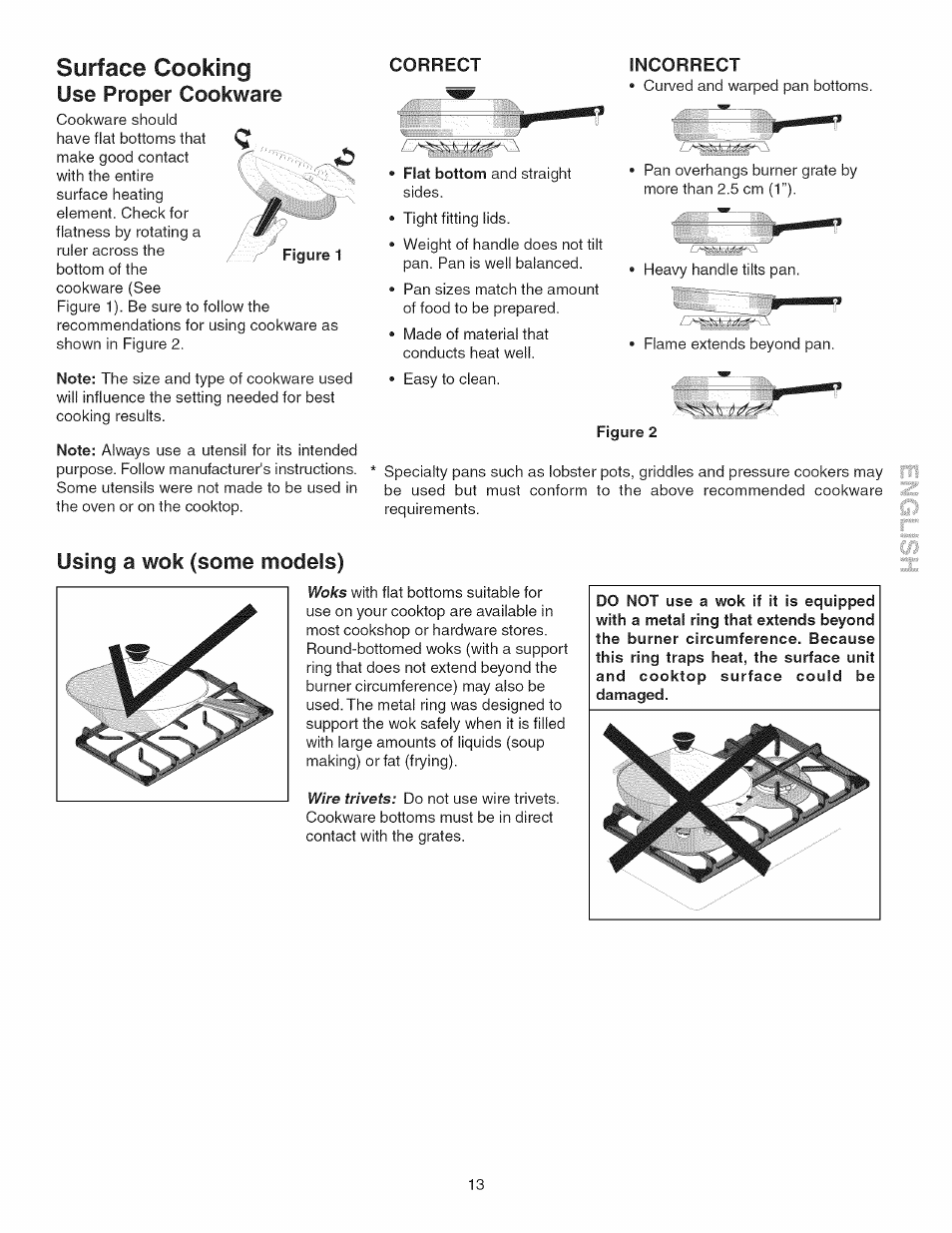 Figure 1, Surface cooking, Using a wok (some models) | Correct, Incorrect, Figure 2, Surface cooking -14, Use proper cookware | Kenmore GAS A GE-SLIDE IN MODEL 790.3104 User Manual | Page 13 / 48