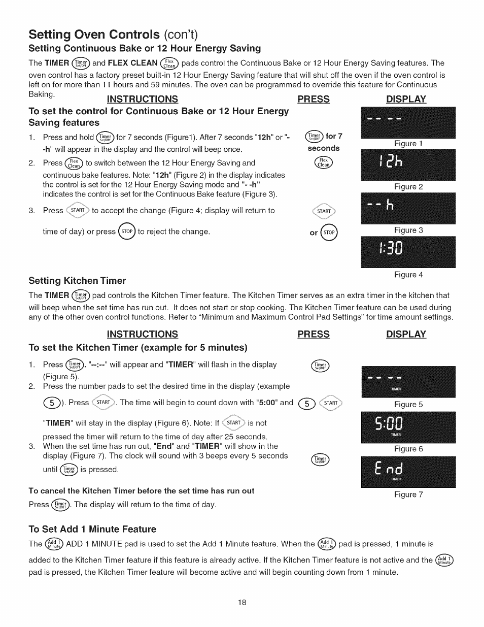 Press, Seconds, Display | Setting kitchen timer, Instructions press, To set the kitchen timer (example for 5 minutes), C-nn, To set add 1 minute feature, Setting oven controls (con1) | Kenmore GAS A GE-SLIDE IN MODEL 790.3104 User Manual | Page 18 / 48