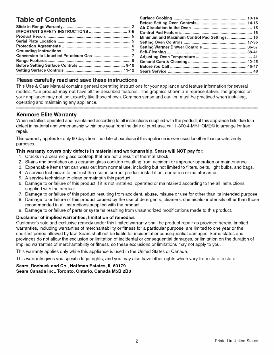 Kenmore GAS A GE-SLIDE IN MODEL 790.3104 User Manual | Page 2 / 48