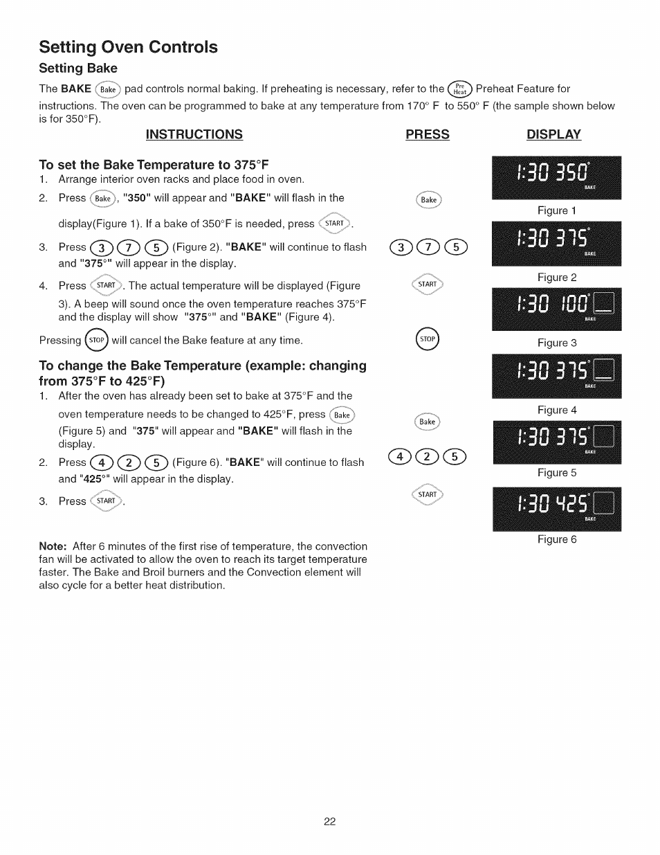 Instructions, Press, To set the bake temperature to 375°f | To change the bake temperature (example: changing, Display, Dcdcd, Setting oven controls, Cdcdcd, 30 35u, Jn mn° du luu | Kenmore GAS A GE-SLIDE IN MODEL 790.3104 User Manual | Page 22 / 48