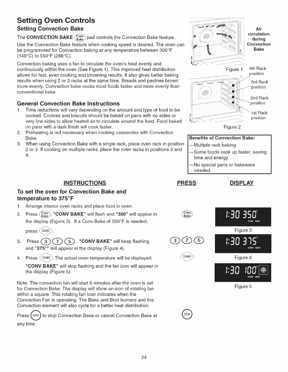 General convection bake instructions, Benefits of convection bake, Instructions | Press, Display, Setting oven controls, L u u, D®(d | Kenmore GAS A GE-SLIDE IN MODEL 790.3104 User Manual | Page 24 / 48