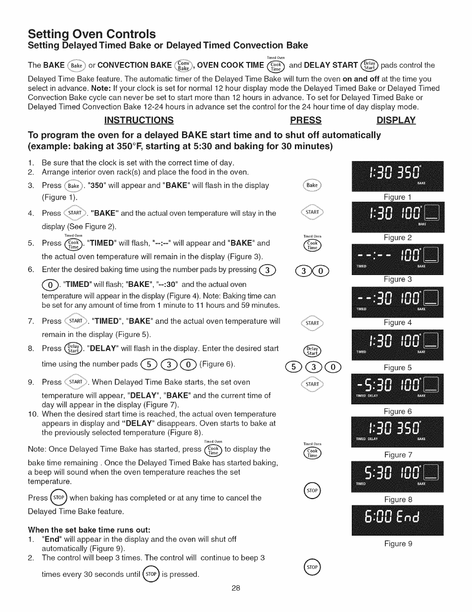 Setting oven controls, Instructions press display, When the set bake time runs out | Dn mn’ du luu, Con mn‘ d du luu, Qn mn‘ du luu, Cd cd, Con mn, Qn mn, 6'uij | Kenmore GAS A GE-SLIDE IN MODEL 790.3104 User Manual | Page 28 / 48