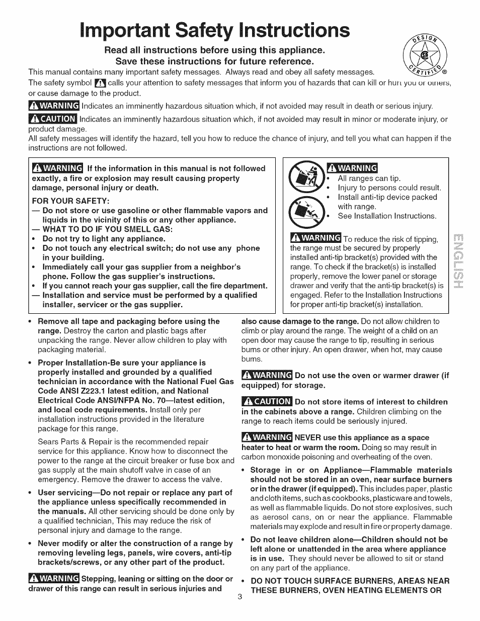 Important safety instructions | Kenmore GAS A GE-SLIDE IN MODEL 790.3104 User Manual | Page 3 / 48