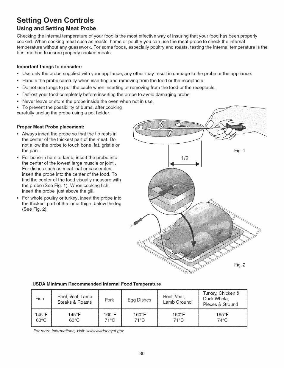 Setting oven controls, Important things to consider, Proper meat probe placement | Kenmore GAS A GE-SLIDE IN MODEL 790.3104 User Manual | Page 30 / 48