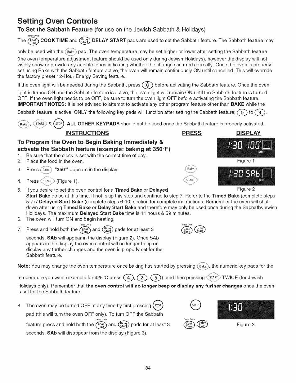 Setting oven controls, Instructions, Press | Display, Dn inn° du luu, 30 sfi, For use on the jewish sabbath & holidays), Dn inn | Kenmore GAS A GE-SLIDE IN MODEL 790.3104 User Manual | Page 34 / 48