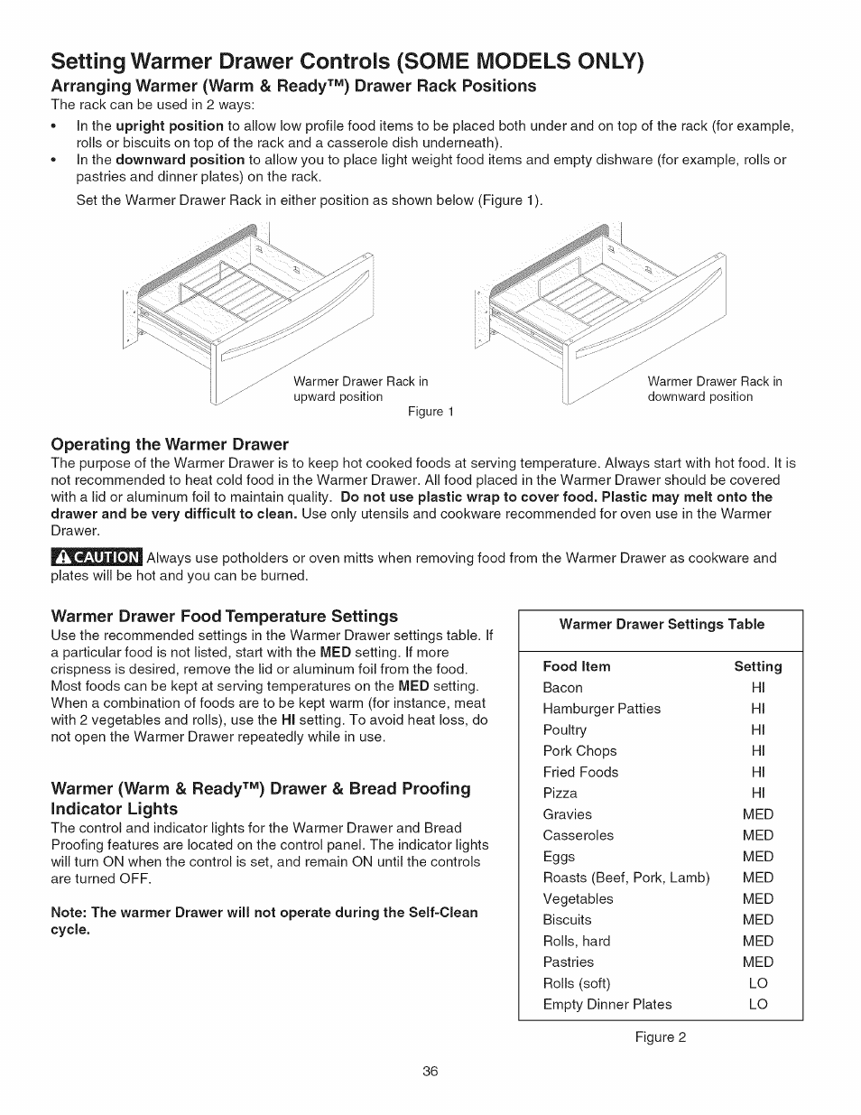 Operating the warmer drawer, Warmer drawer food temperature settings | Kenmore GAS A GE-SLIDE IN MODEL 790.3104 User Manual | Page 36 / 48