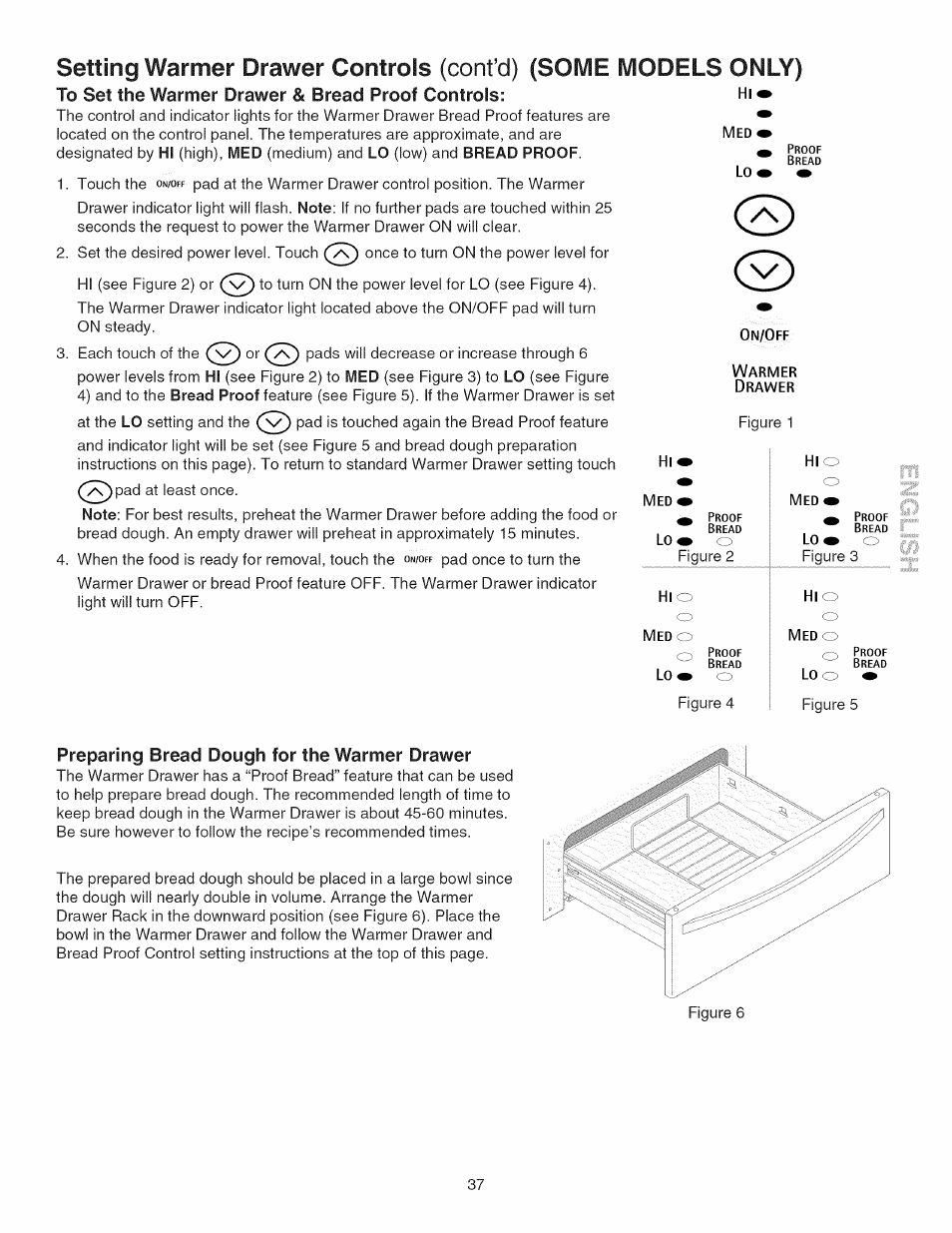 Setting warmer drawer controls (cont’d) (soivie, Ivlodels only), Preparing bread dough for the warmer drawer | Kenmore GAS A GE-SLIDE IN MODEL 790.3104 User Manual | Page 37 / 48