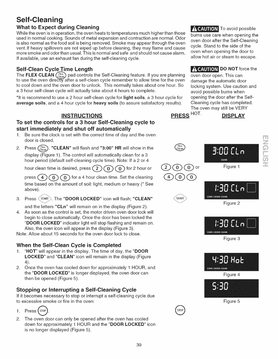 Self-clean cycle time length, Instructions, Display | D-nn ri _ juultn, When the self-clean cycle is completed, Stopping or interrupting a self-cleaning cycle, Dcs) cd' cd cd cd, 3u hot, Seif-cleaning, D-nn ri | Kenmore GAS A GE-SLIDE IN MODEL 790.3104 User Manual | Page 39 / 48