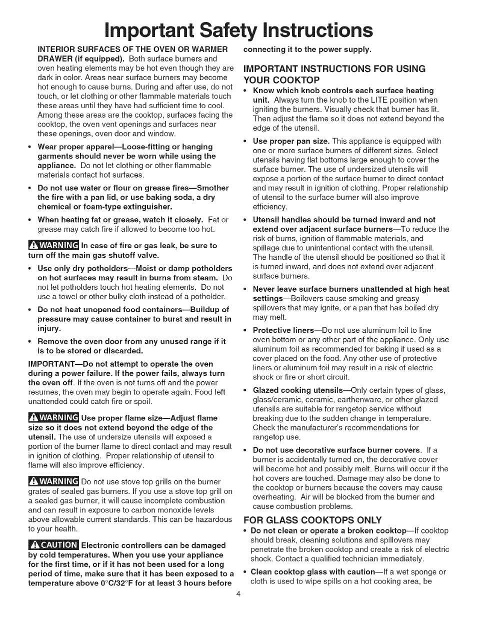 Connecting it to the power supply, Important instructions for using your cooktop, Do not use decorative surface burner covers. if a | For glass cooktops only, Important safety instructions | Kenmore GAS A GE-SLIDE IN MODEL 790.3104 User Manual | Page 4 / 48