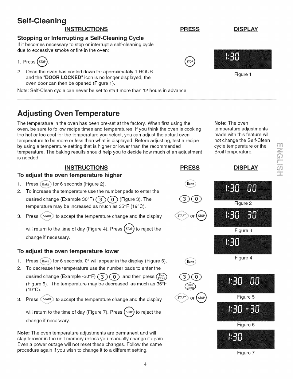 Press, Display, Instructions | To adjust the oven temperature higher, To adjust the oven temperature lower, Seif-cleaning, Adjusting oven temperature | Kenmore GAS A GE-SLIDE IN MODEL 790.3104 User Manual | Page 41 / 48