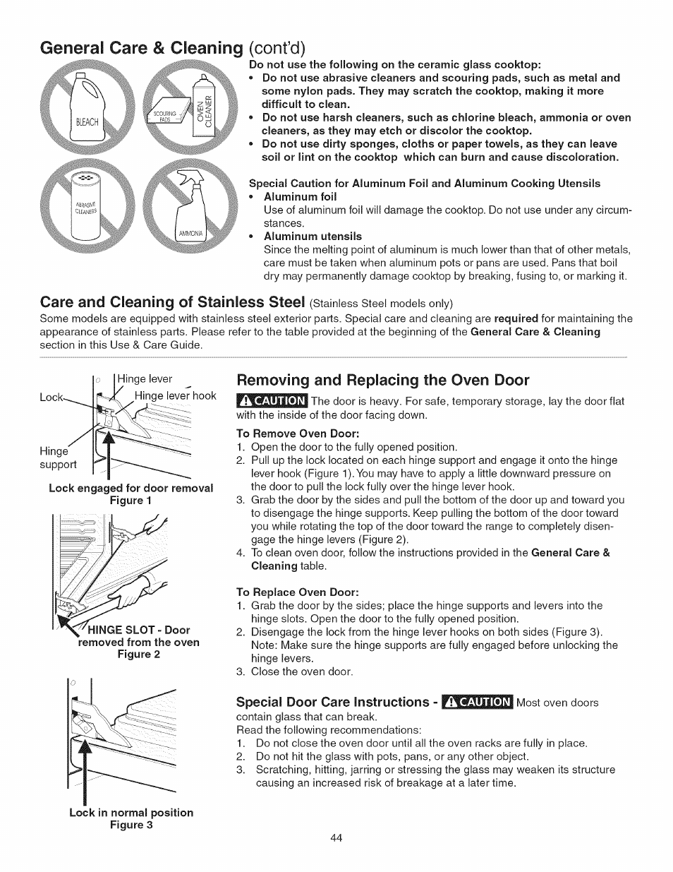 General care & cleaning (cont’d), Removing and replacing the oven door, Special door care instructions | Care and cleaning of stainless steel | Kenmore GAS A GE-SLIDE IN MODEL 790.3104 User Manual | Page 44 / 48