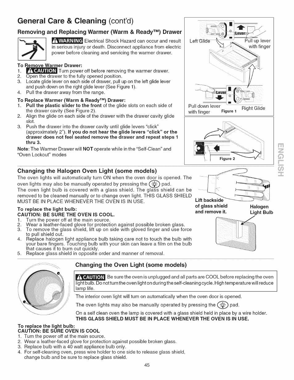 General care & cleaning (cont’d), To remove warmer drawer: 1, Changing the halogen oven light (some models) | Caution: be sure the oven is cool, Halogen light bulb, Changing the oven light (some models), To replace the light bulb, Caution: be sure oven is cool | Kenmore GAS A GE-SLIDE IN MODEL 790.3104 User Manual | Page 45 / 48