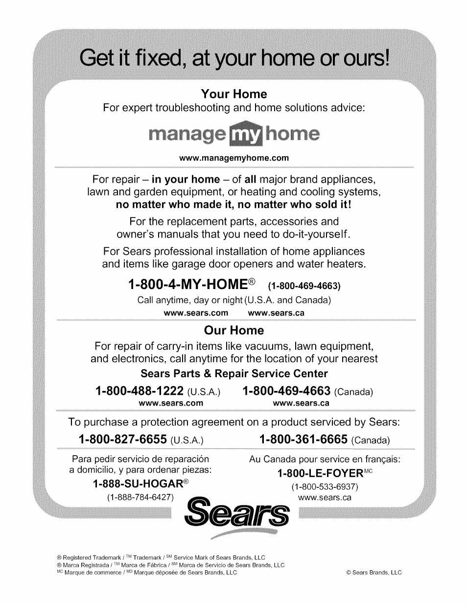 Get it fixed, at your home or ours, 888-su-hogar, 800-4-my-home | Your home, Call anytime, day or night (u.s.a. and canada), Our home, U s a ), Canada), U.s.a.), Au canada pour service en français | Kenmore GAS A GE-SLIDE IN MODEL 790.3104 User Manual | Page 48 / 48