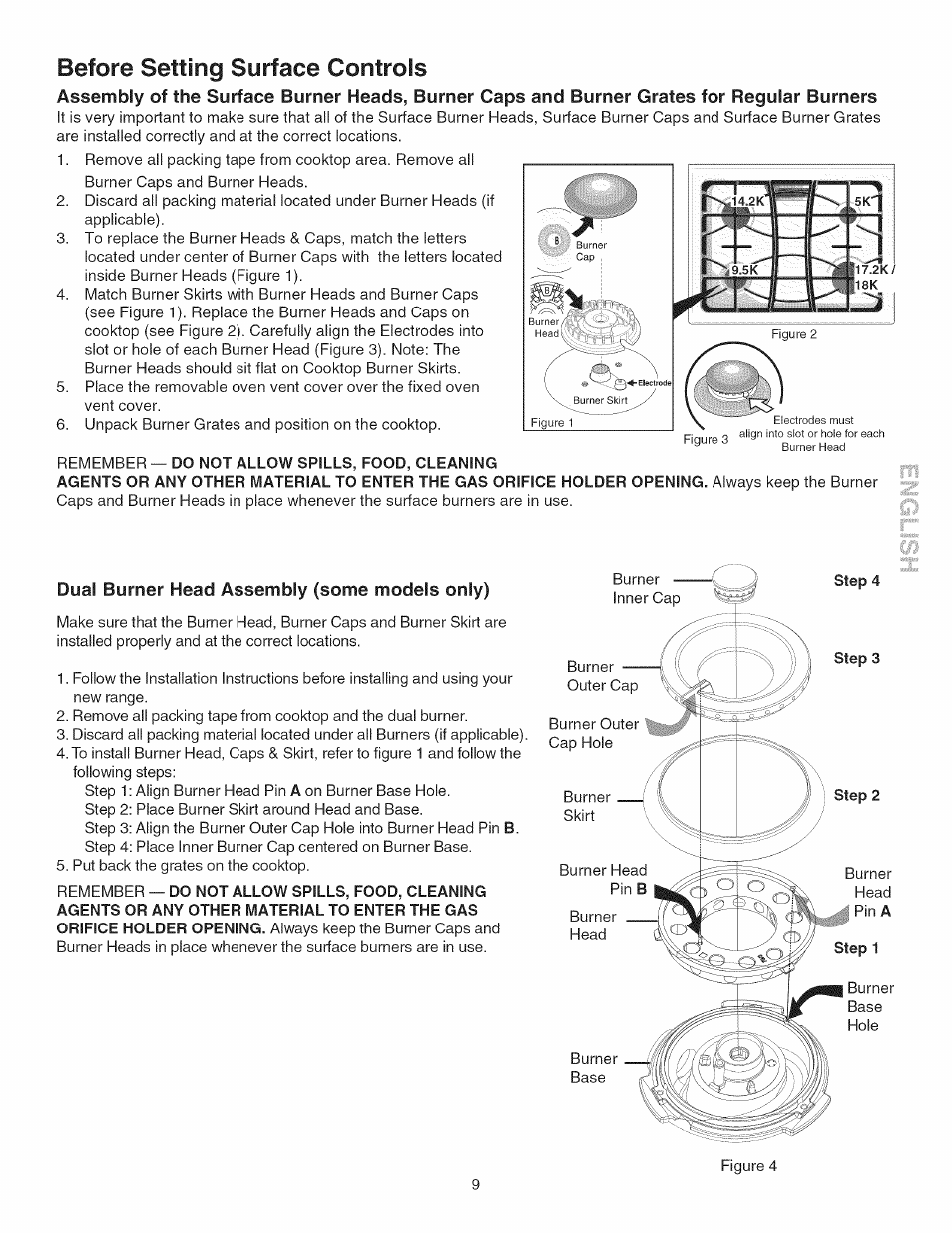 Remember — do not allow spills, food, cleaning, Dual burner head assembly (some models only), Step 2 | Before setting surface controls | Kenmore GAS A GE-SLIDE IN MODEL 790.3104 User Manual | Page 9 / 48