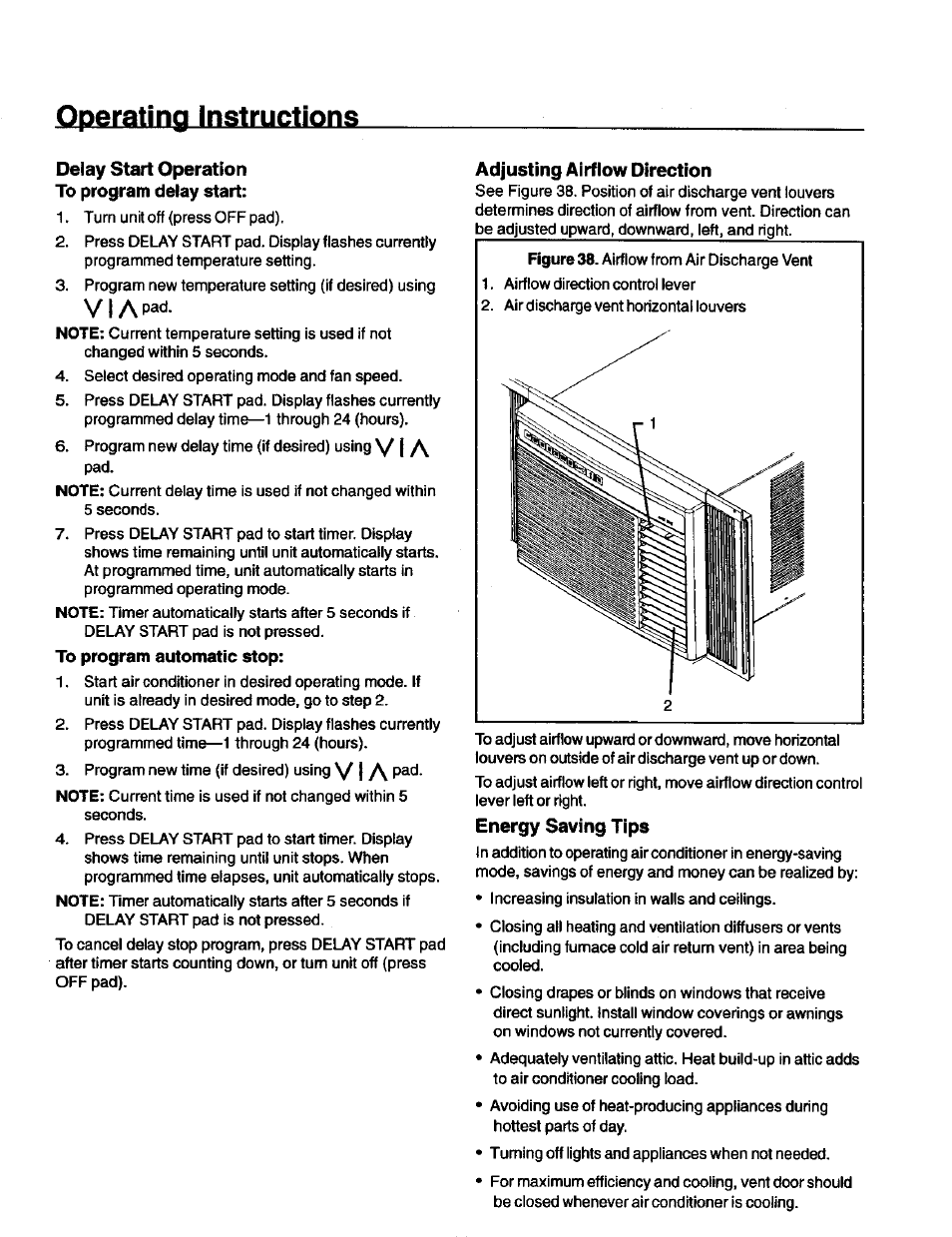 Delay start operation to program delay start, To program automatic stop, Adjusting airflow direction | Energy saving tips, Operating instructions | Kenmore 70089 User Manual | Page 22 / 28