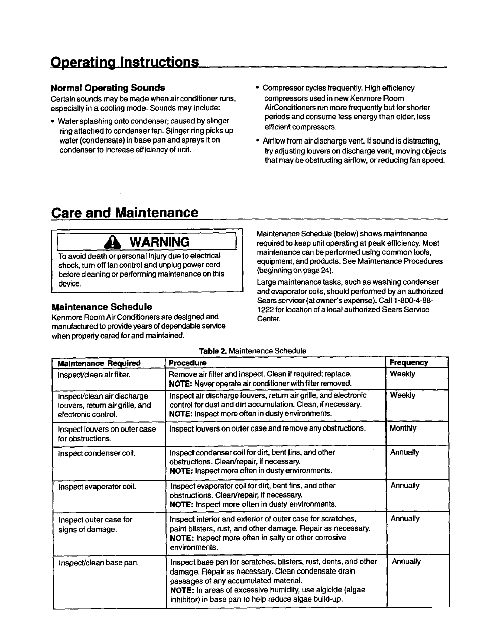 Normal operating sounds, Maintenance schedule, Operating instructions | Care and maintenance a warning | Kenmore 70089 User Manual | Page 23 / 28