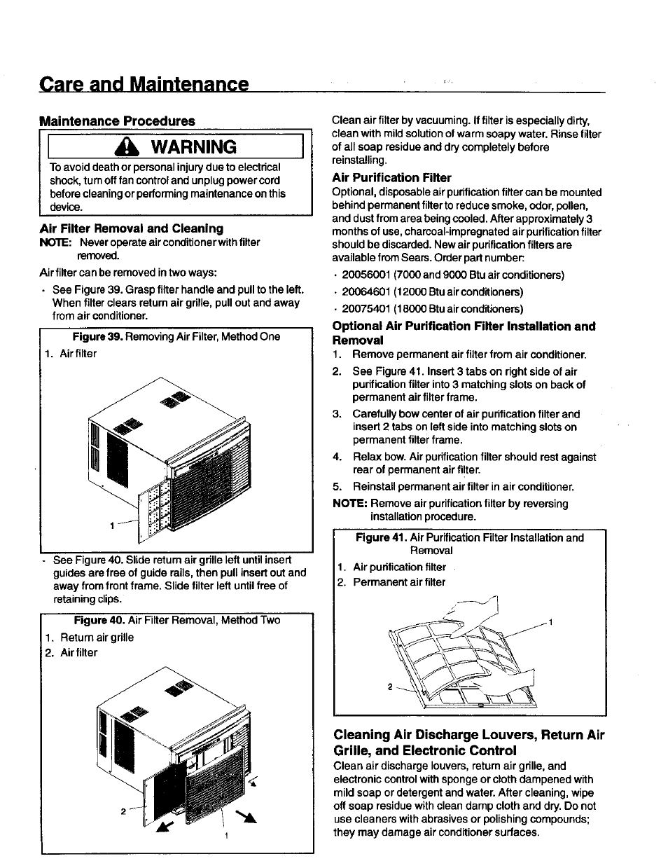 Maintenance procedures, Air purification filter, Care and maintenance | Л warning | Kenmore 70089 User Manual | Page 24 / 28