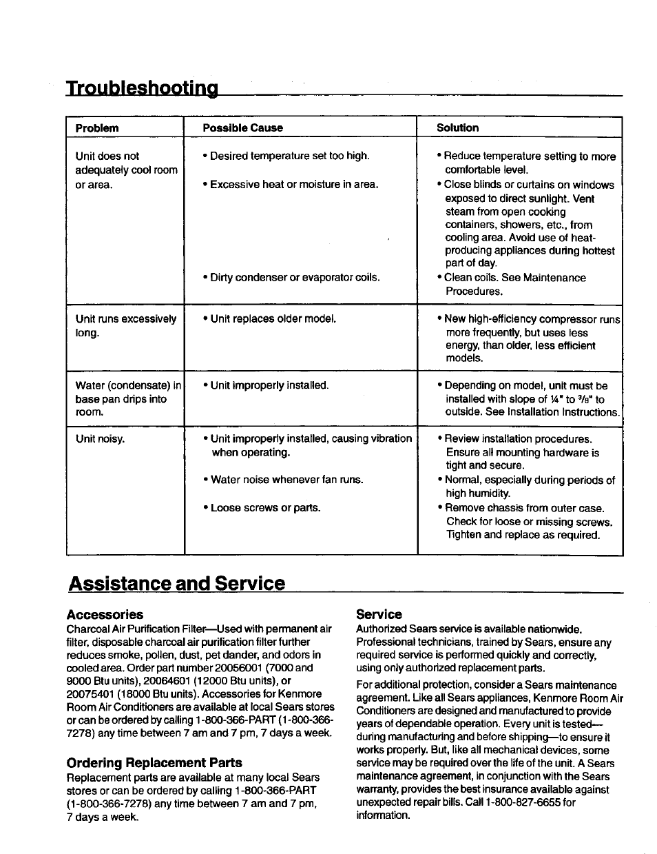 Accessories, Ordering replacement parts, Service | Accessories ordering replacement parts, Troubleshooting, Assistance and service | Kenmore 70089 User Manual | Page 27 / 28