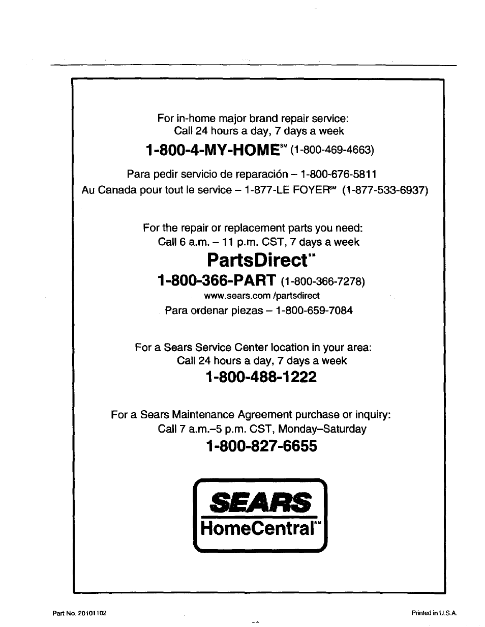 Partsdirect, Homecentrar, 800-4-my-home | Kenmore 70089 User Manual | Page 28 / 28