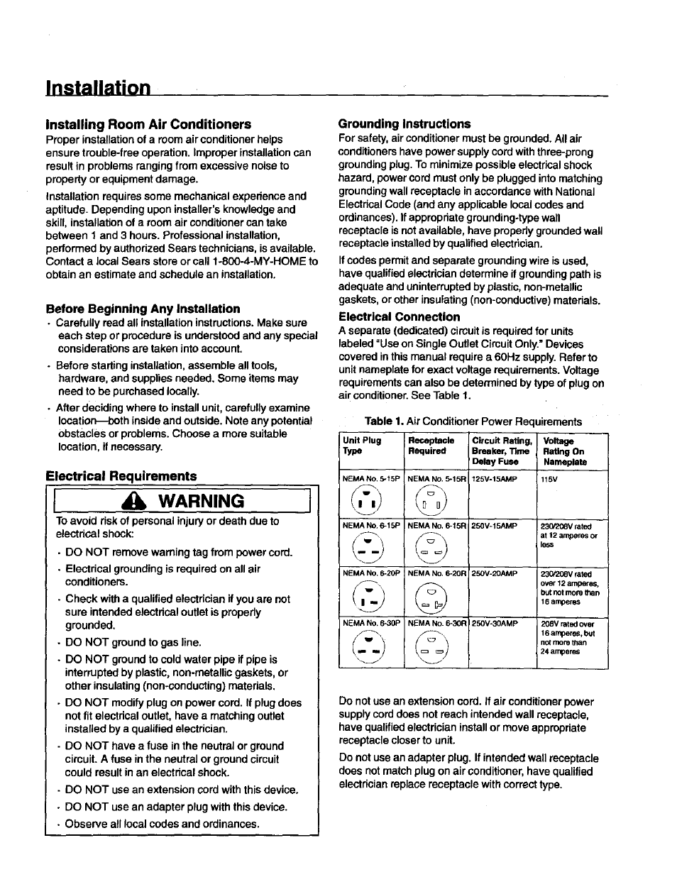 Installing room air conditioners, Before beginning any installation, Electrical requirements | Grounding instructions, Electrical connection, Sizing instructions, Warning, Installation | Kenmore 70089 User Manual | Page 6 / 28