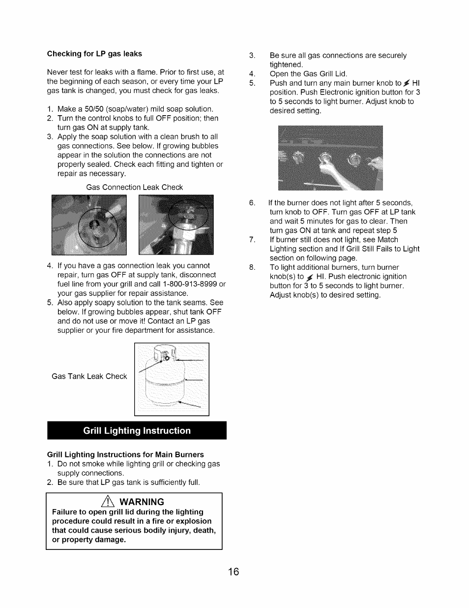 Grill lighting instruction, Warning, Lighting instructions | Kenmore 122.1643101 User Manual | Page 16 / 25