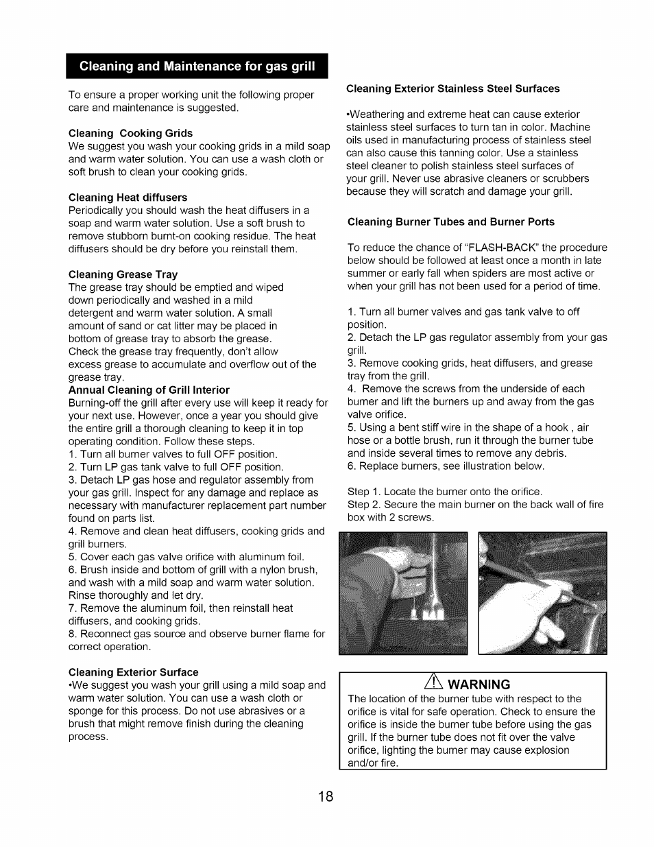 Cleaning and maintenance for gas gri, Cleaning and maintenance for gas grill, Warning | Kenmore 122.1643101 User Manual | Page 18 / 25