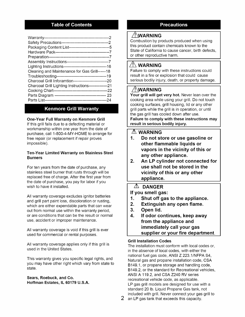 Kenmore grill warranty, Warning | Kenmore 122.1643101 User Manual | Page 2 / 25