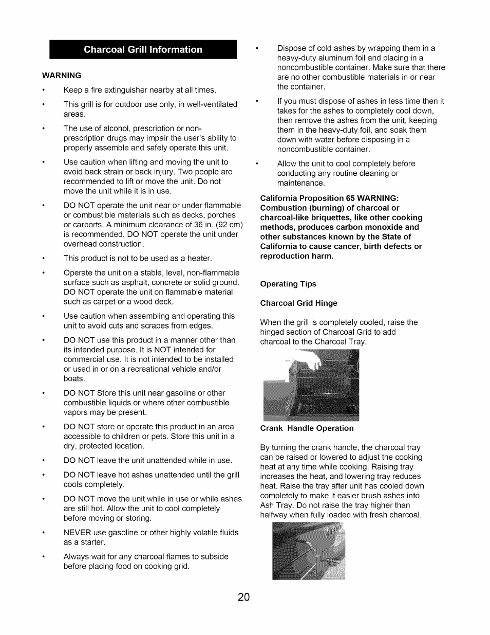 Charcoal grill information, Charcoal grill inforamtion | Kenmore 122.1643101 User Manual | Page 20 / 25