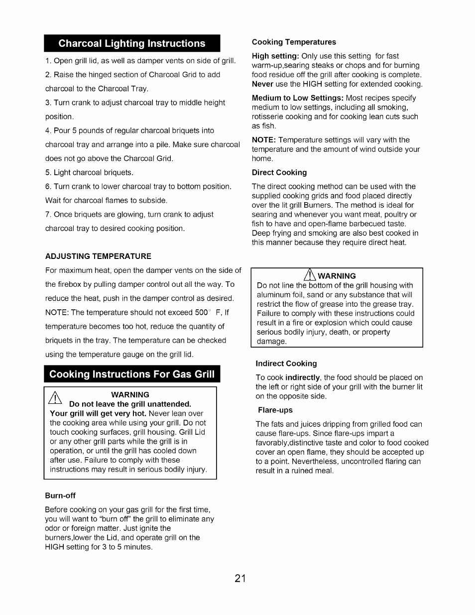 Charcoal lighting instructions, Cooking instructions for gas gri, Charcoal grill lighting instructions | Kenmore 122.1643101 User Manual | Page 21 / 25