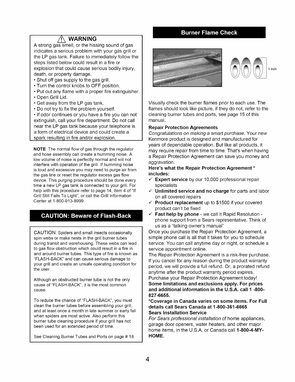 Burner flame check, Warning, Caution: beware of flash-back | Burner flame check warning | Kenmore 122.1643101 User Manual | Page 4 / 25