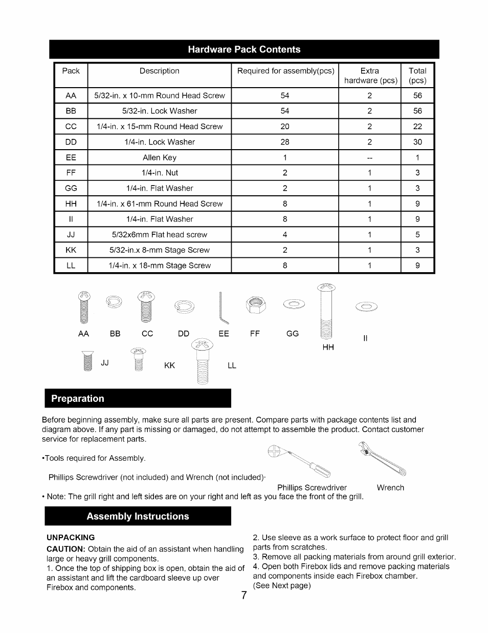 Hardware pack contents, Preparation, Assembly instructions | V© csy | Kenmore 122.1643101 User Manual | Page 7 / 25