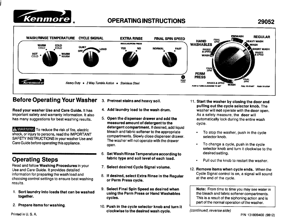 Kenmore 29052 User Manual | 2 pages