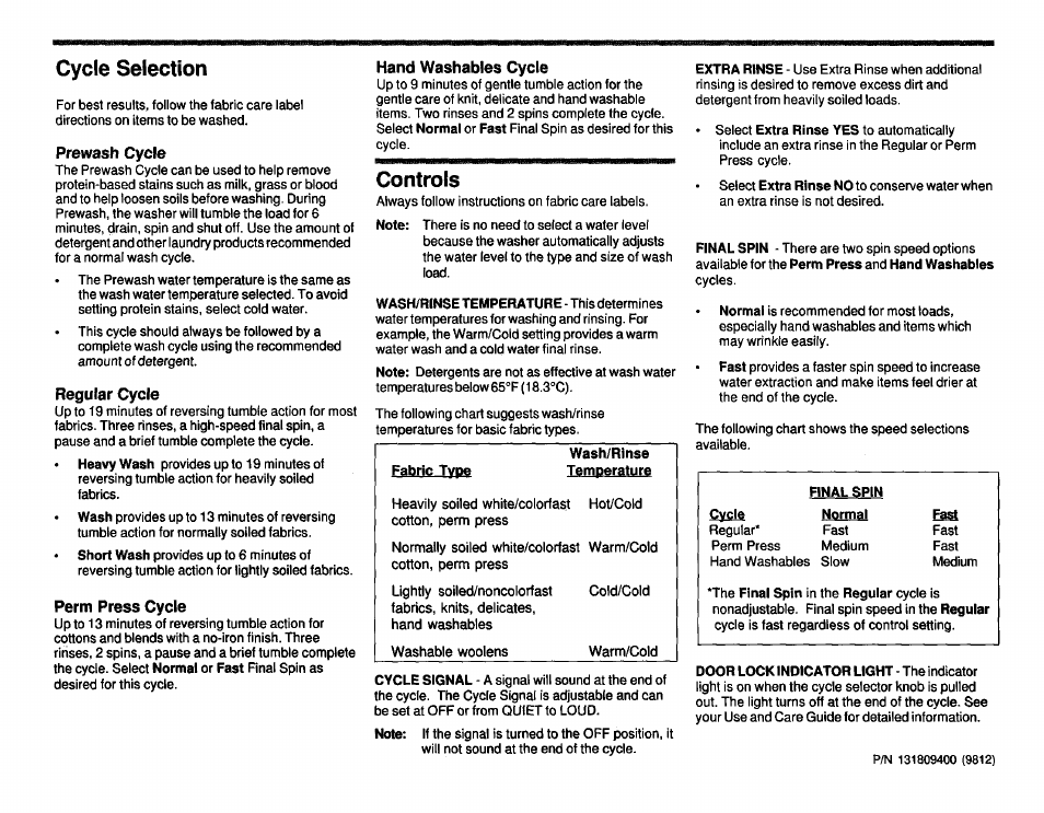 Cycle selection, Controls, Prewash cycle | Regular cycle, Perm press cycle, Hand washables cycle | Kenmore 29052 User Manual | Page 2 / 2