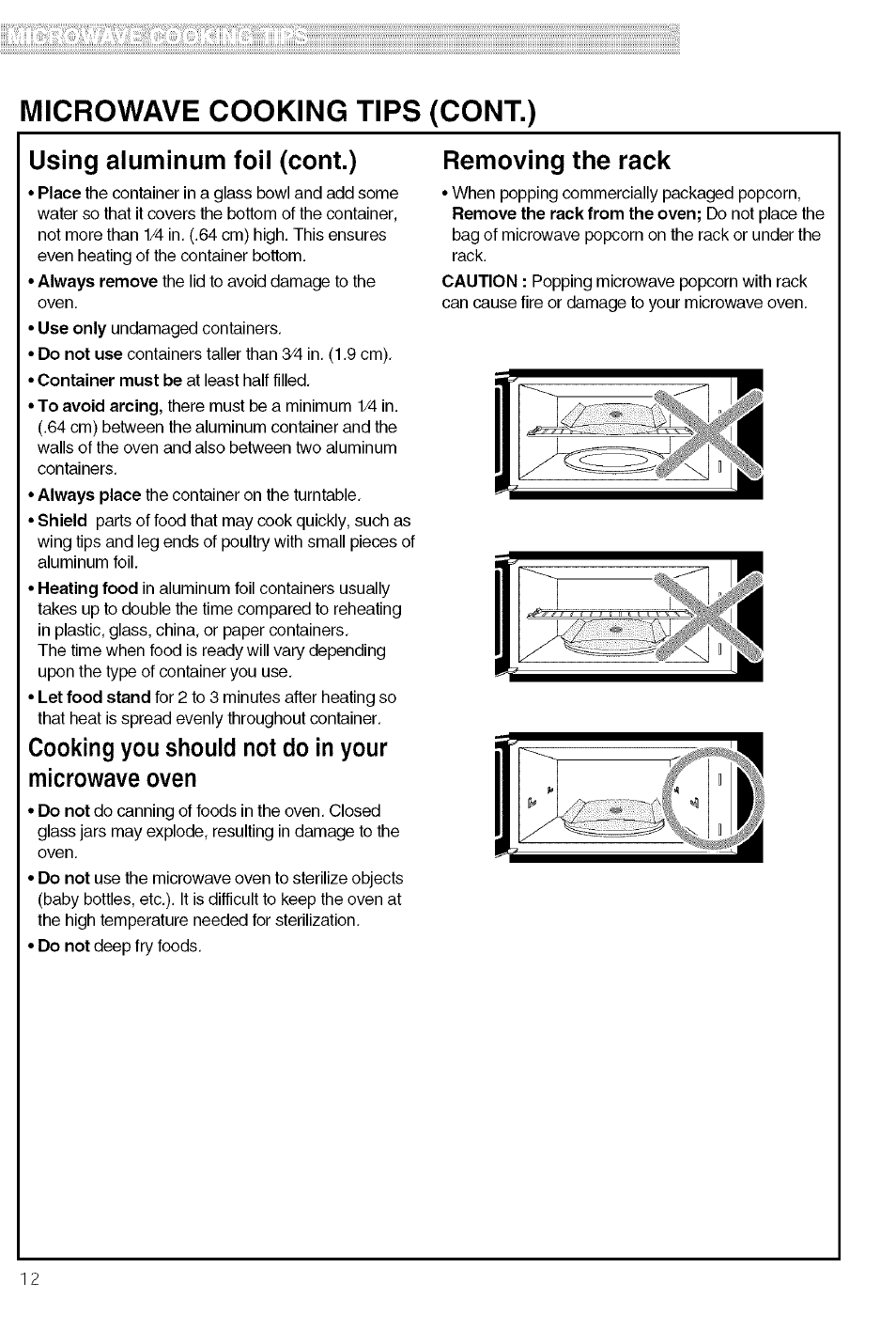 Microwave cooking tips (cont.), Using aluminum foil (cont.), Removing the rack | Kenmore 721.80609 User Manual | Page 12 / 33