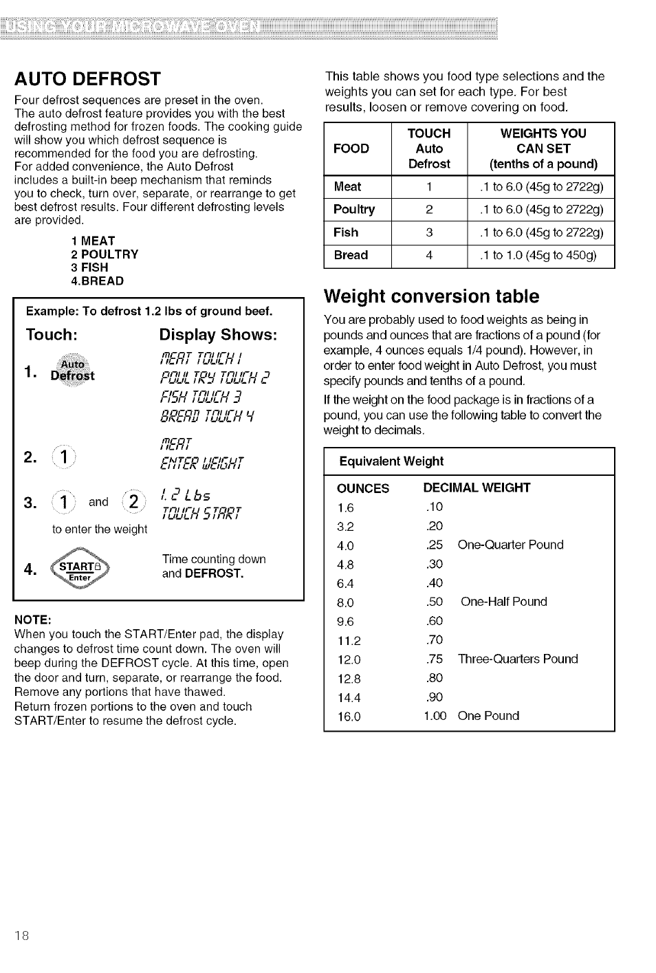 1 meat, 2 poultry, 3 fish | Bread, Note, Weight conversion table, Auto defrost, Touch: display shows | Kenmore 721.80609 User Manual | Page 18 / 33