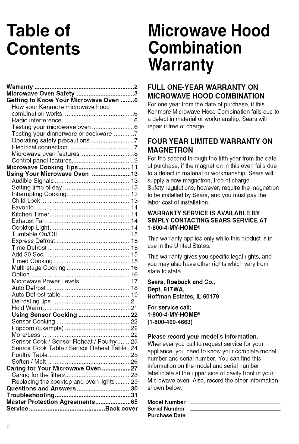 Microwave hood, Combination, Warranty | Kenmore 721.80609 User Manual | Page 2 / 33