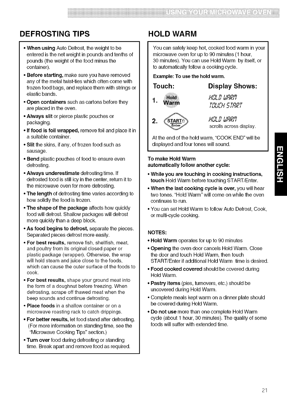 Touch: display shows, Defrosting tips hold warm, Touch: display shows: 1 | Warm | Kenmore 721.80609 User Manual | Page 21 / 33