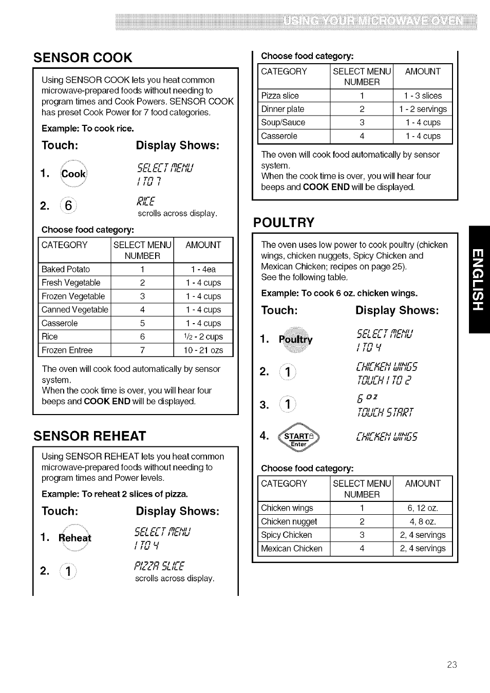 Sensor cook, Touch, Display shows | Sensor reheat, Touch: display shows, Poultry, Reheat | Kenmore 721.80609 User Manual | Page 23 / 33