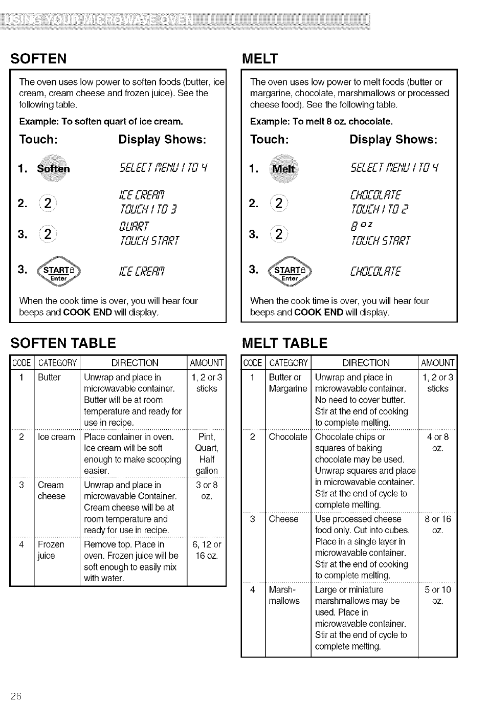 Soften, Melt, Touch | Display shows, Soften table, Melt table, Soften table melt table, Touch: 1. soften display shows, Touch: display shows: 1. melt | Kenmore 721.80609 User Manual | Page 26 / 33