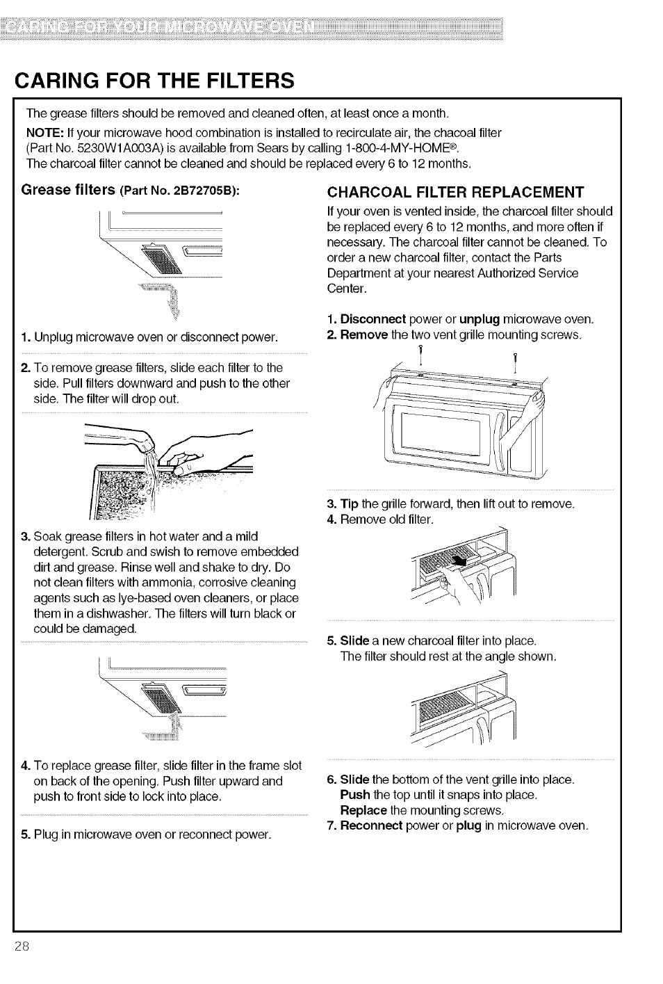 Caring for the filters, Charcoal filter replacement, Grease filters | Kenmore 721.80609 User Manual | Page 28 / 33