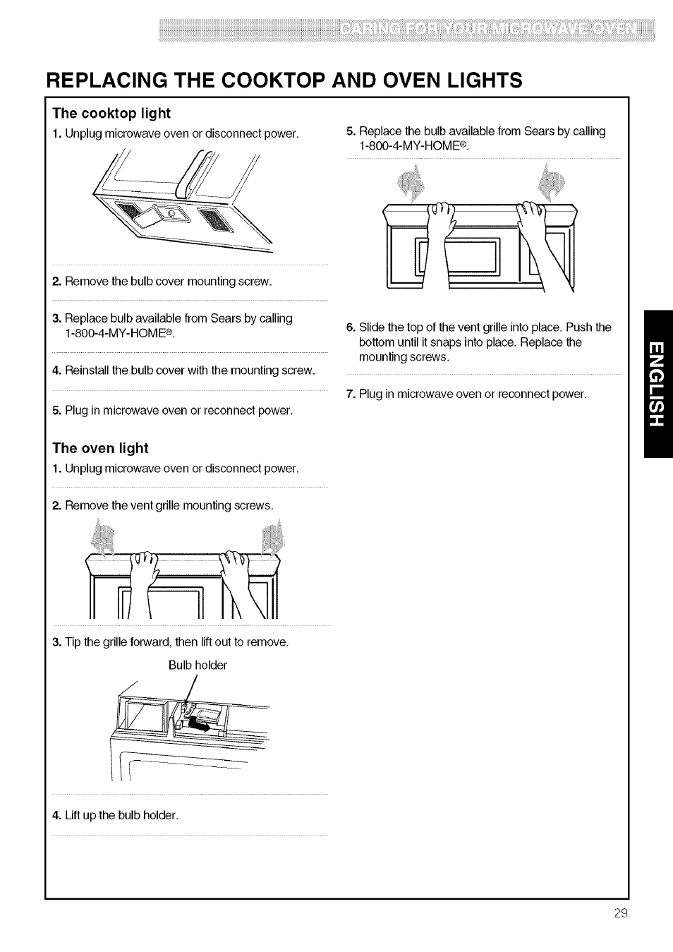 Replacing the cooktop and oven lights, The cooktop light, The oven light | Kenmore 721.80609 User Manual | Page 29 / 33