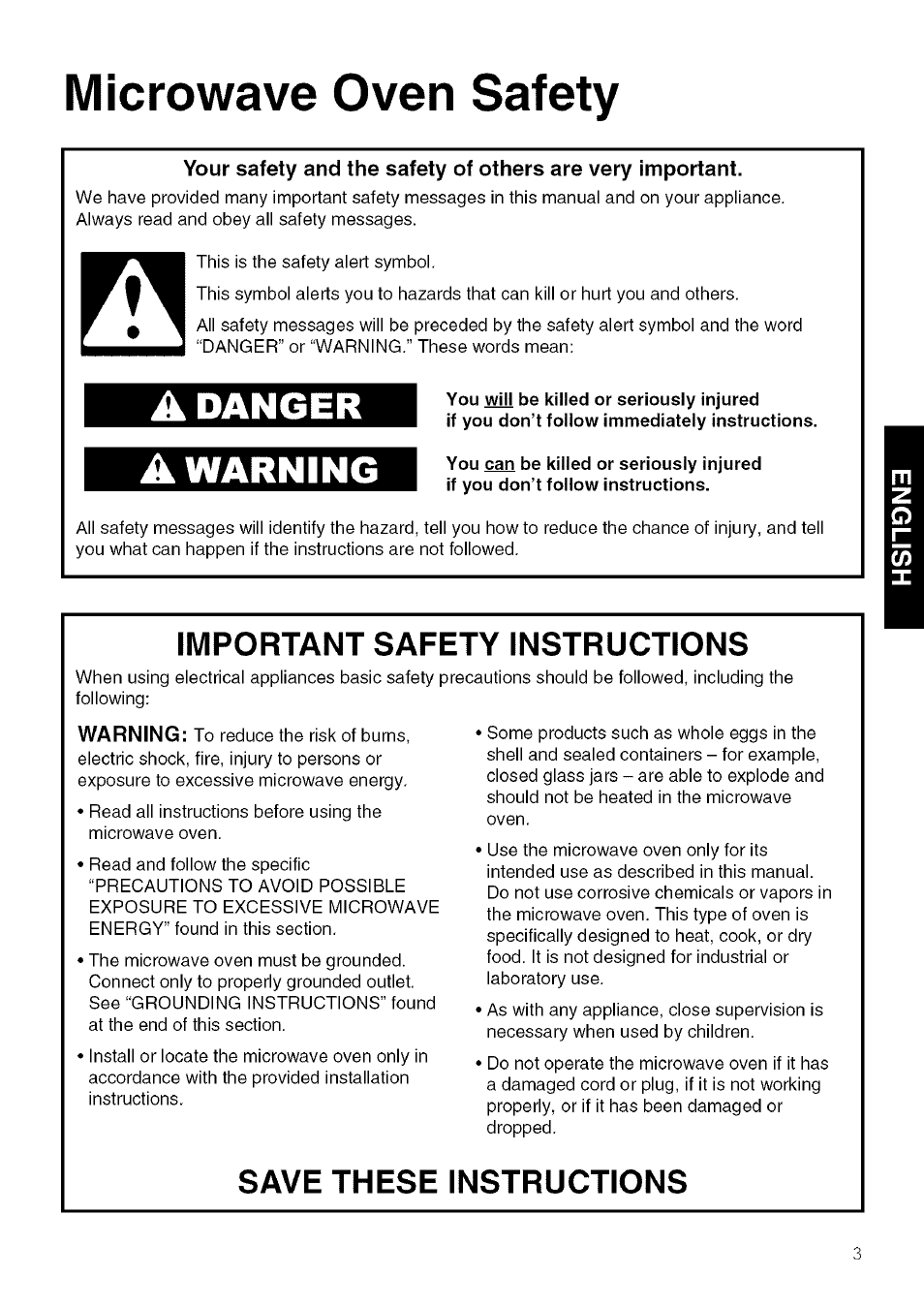 Microwave oven safety, Important safety instructions, Save these instructions | Danger, Warning | Kenmore 721.80609 User Manual | Page 3 / 33