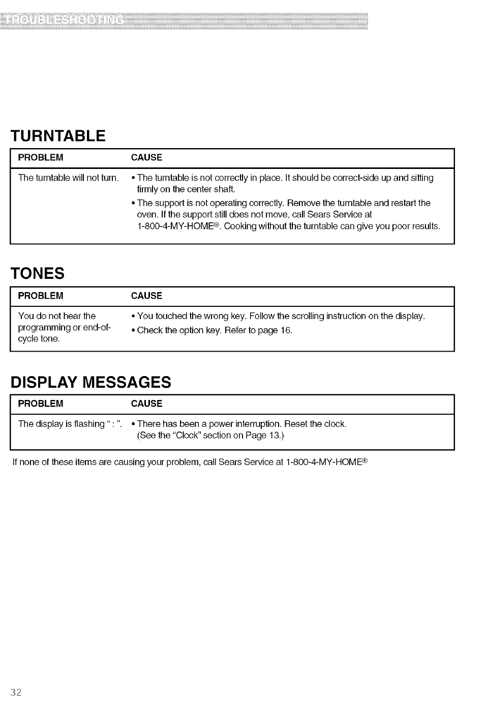 Turntable, Tones, Display messages | Kenmore 721.80609 User Manual | Page 32 / 33