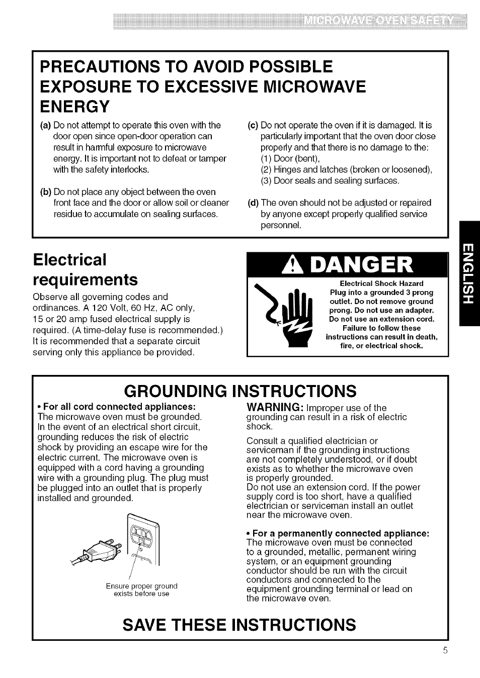 Electrical, Requirements, Grounding instructions | Save these instructions, A danger, Electrical requirements | Kenmore 721.80609 User Manual | Page 5 / 33