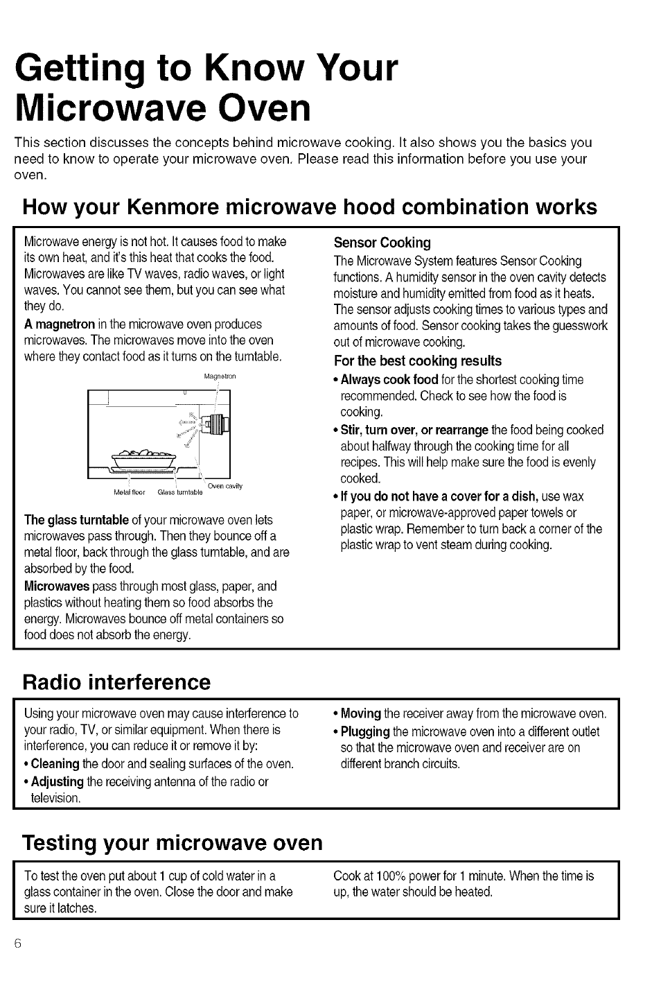 Getting to know your microwave oven, Sensor cooking, For the best cooking resuits | How your kenmore microwave hood combination works, Radio interference, Testing your microwave oven | Kenmore 721.80609 User Manual | Page 6 / 33